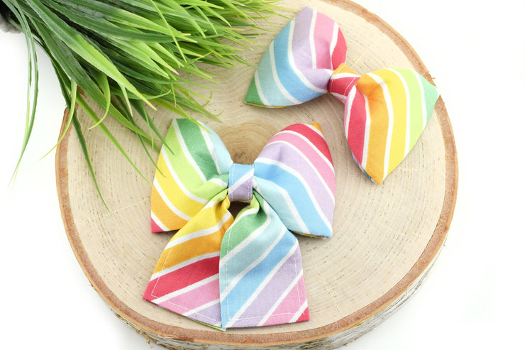 Rainbow Stripe Dog Collar Bow ~ Summer Bow Tie ~ Girly Dog Collar Bow ~ Slide On Bow for Dog Collar ~ Sandy Paws Collar Co®