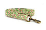 Strawberry Dog Leash - Green ~ Summer Strawberry Fabric Dog Leash ~ Fabric Dog Leash ~ Antique Bronze Hardware Leash ~ Sandy Paws Collar Co