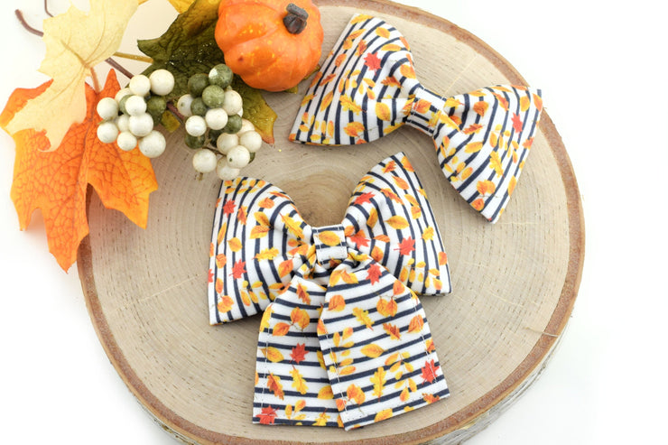 Striped Leaf Dog Collar Bow ~ Fall Bow Tie ~ Girly Dog Collar Bow ~ Slide On Bow for Dog Collar ~ Sandy Paws Collar Co®