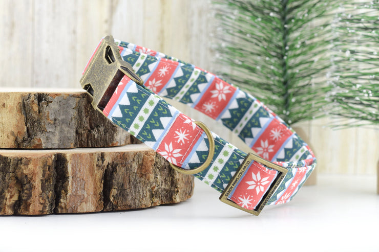 Faire Isle Sweater Stripe Dog Collar - Red & Green ~ Christmas Fashion Fabric Collar ~ Antique Bronze Hardware ~ Sandy Paws Collar Co®