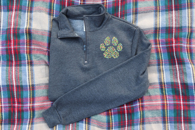 Floral Paw Print Embroidered Quarter-Zip Sweatshirt - Bella Canvas - Sandy Paws Collar Co