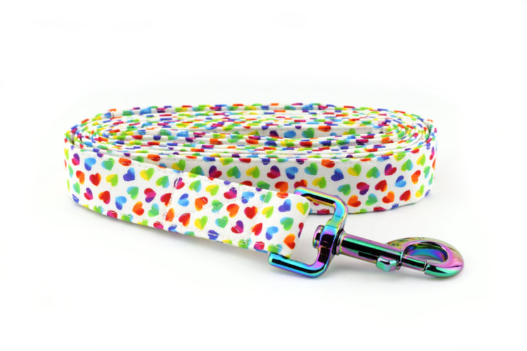 Heart Print Dog Leash - Rainbow on White ~ Valentine's Dog Leash ~ Fashion Dog Leash ~ Rainbow/Iridescent Hardware ~ Sandy Paws Collar Co