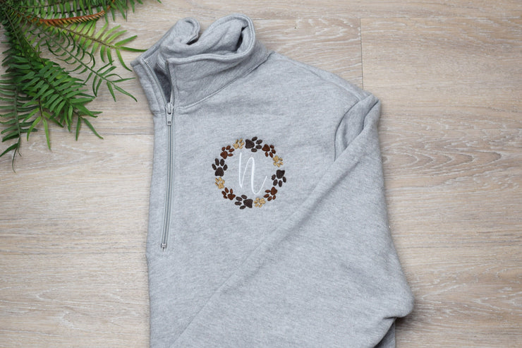 Monogram Paw Print Embroidered Quarter-Zip Sweatshirt - Bella Canvas - Sandy Paws Collar Co