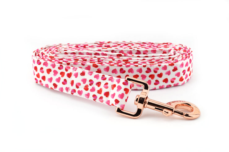 Heart Print Dog Leash - Pink & Red on White ~ Valentine's Fabric Dog Leash ~ Fashion Dog Leash ~ Rose Gold Hardware ~ Sandy Paws Collar Co