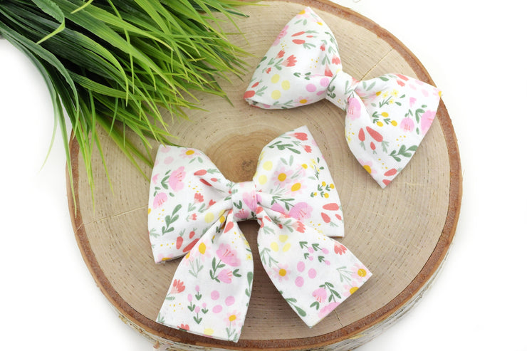 Easter Floral Dog Collar Bow - White ~ Easter Dog Collar Bow Tie ~ Girly Collar Bow ~ Slide On Bow for Dog Collar ~ Sandy Paws Collar Co®
