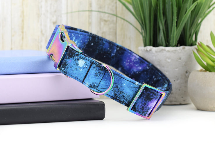 Galaxy Print Dog Collar ~ Night Sky Fashion Dog Collar ~ Fabric Dog Collar ~ Rainbow/Iridescent Hardware ~ Sandy Paws Collar Co®