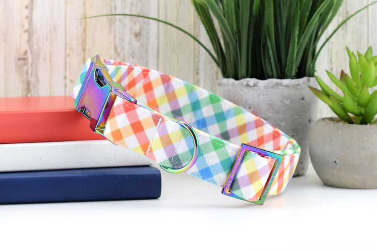 Gingham Dog Collar - Rainbow ~ Summer Fabric Dog Collar ~ Rainbow Fashion Dog Collar ~ Rainbow Metal Hardware ~ Sandy Paws Collar Co®