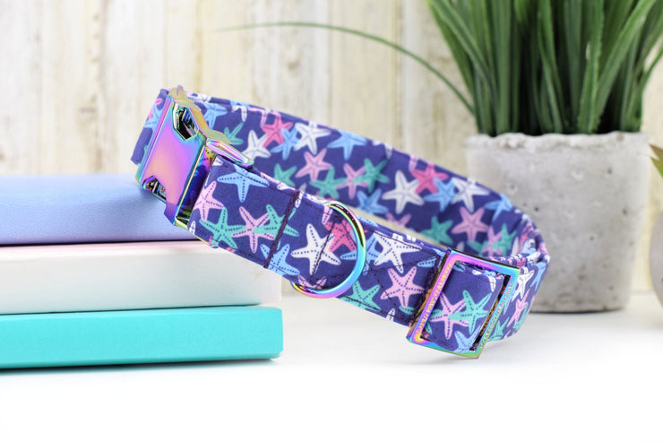 Starfish Dog Collar ~ Purple ~ Summer Fabric Dog Collar ~ Beach Fashion Dog Collar ~ Rainbow/Iridescent Hardware ~ Sandy Paws Collar Co®