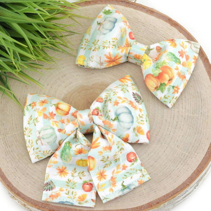 Pumpkins & Flowers Dog Collar Bow - Aqua Stripe ~ Fall Dog Bow Tie ~ Girly Collar Bow ~ Slide On Bow for Dog Collar ~ Sandy Paws Collar Co®