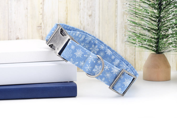 Snowflake Dog Collar - Blue ~ Christmas Winter Snowflake Cotton Fabric Fashion Dog Collar ~ Antique Silver Hardware ~ Sandy Paws Collar Co®