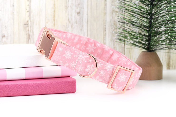 Snowflake Dog Collar - Pink ~ Christmas Winter Snowflake Cotton Fabric Fashion Dog Collar ~ Rose Gold Hardware ~ Sandy Paws Collar Co®