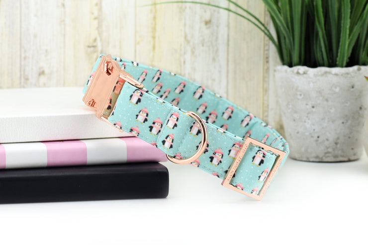 Winter Penguin Dog Collar - Mint & Pink ~ Christmas Winter Cotton Fabric Fashion Dog Collar ~ Rose Gold Hardware ~ Sandy Paws Collar Co®