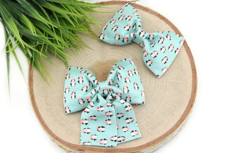 Winter Penguin Dog Collar Bow - Mint & Pink ~ Christmas Dog Collar Bow Tie ~ Girly Collar Bow ~ Bow for Dog Collar ~ Sandy Paws Collar Co®