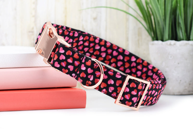 Heart Print Dog Collar - Pink & Red on Black ~ Valentine's Dog Collar ~ Fashion Dog Collar ~ Rose Gold Hardware ~ Sandy Paws Collar Co®