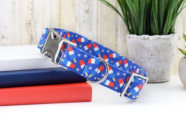 Rocket Pop Dog Collar ~ 4th of July Cotton Fabric Dog Collar ~ Patriotic Fashion Dog Collar ~ Silver Metal Hardware ~ Sandy Paws Collar Co®