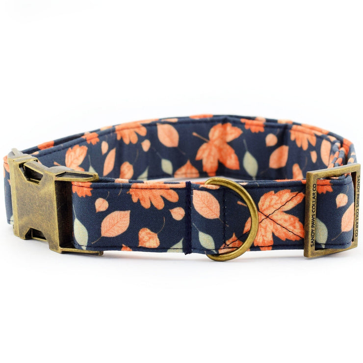 Falling Leaves Dog Collar - Navy ~ Fall Fabric Dog Collar ~ Personalized Dog Collar ~ Antique Bronze Hardware ~ Sandy Paws Collar Co®